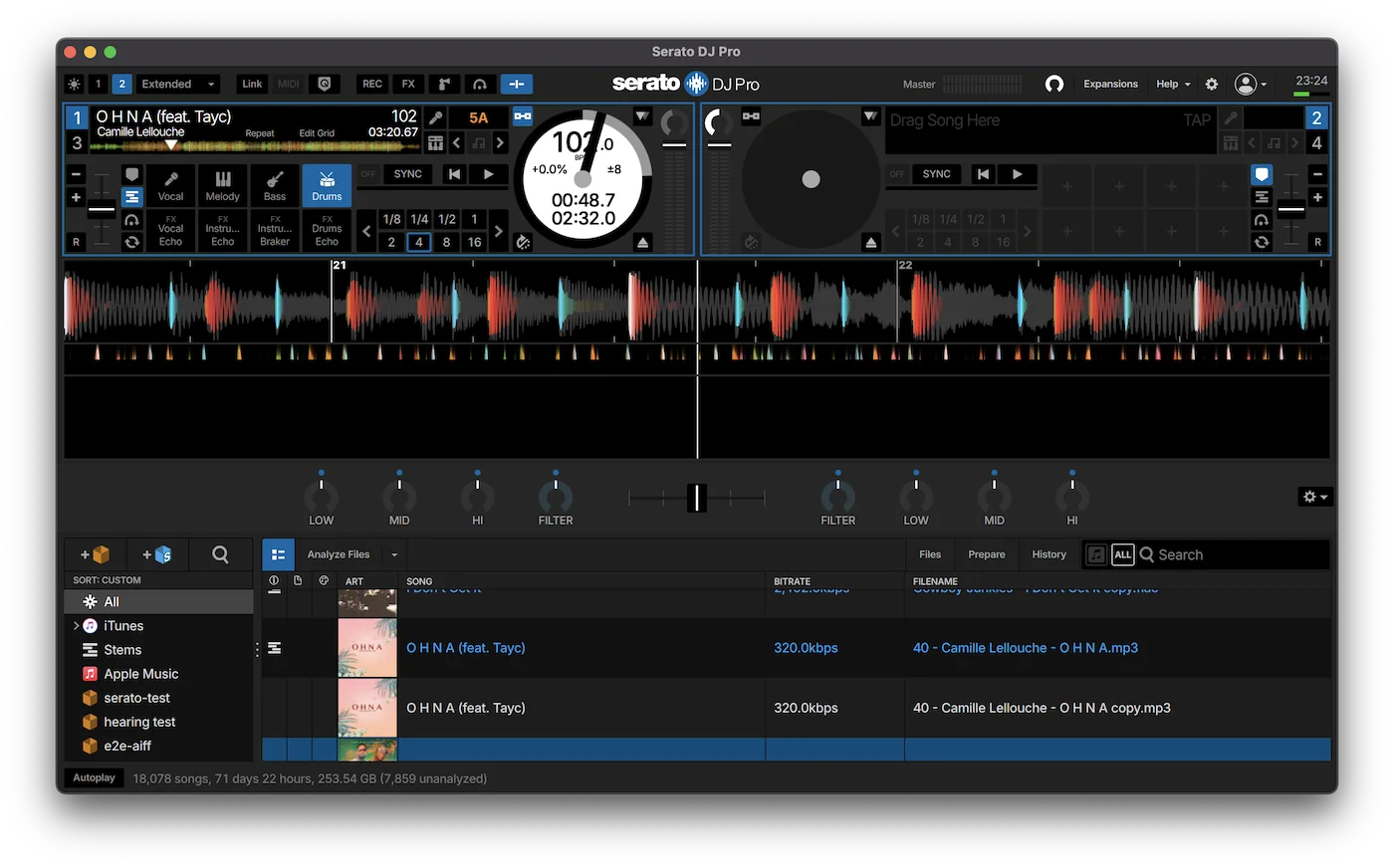 Stems loaded into a Serato DJ deck