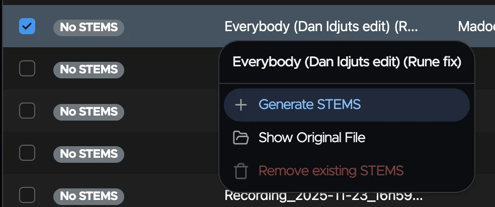 Generate Stems from Context Menu