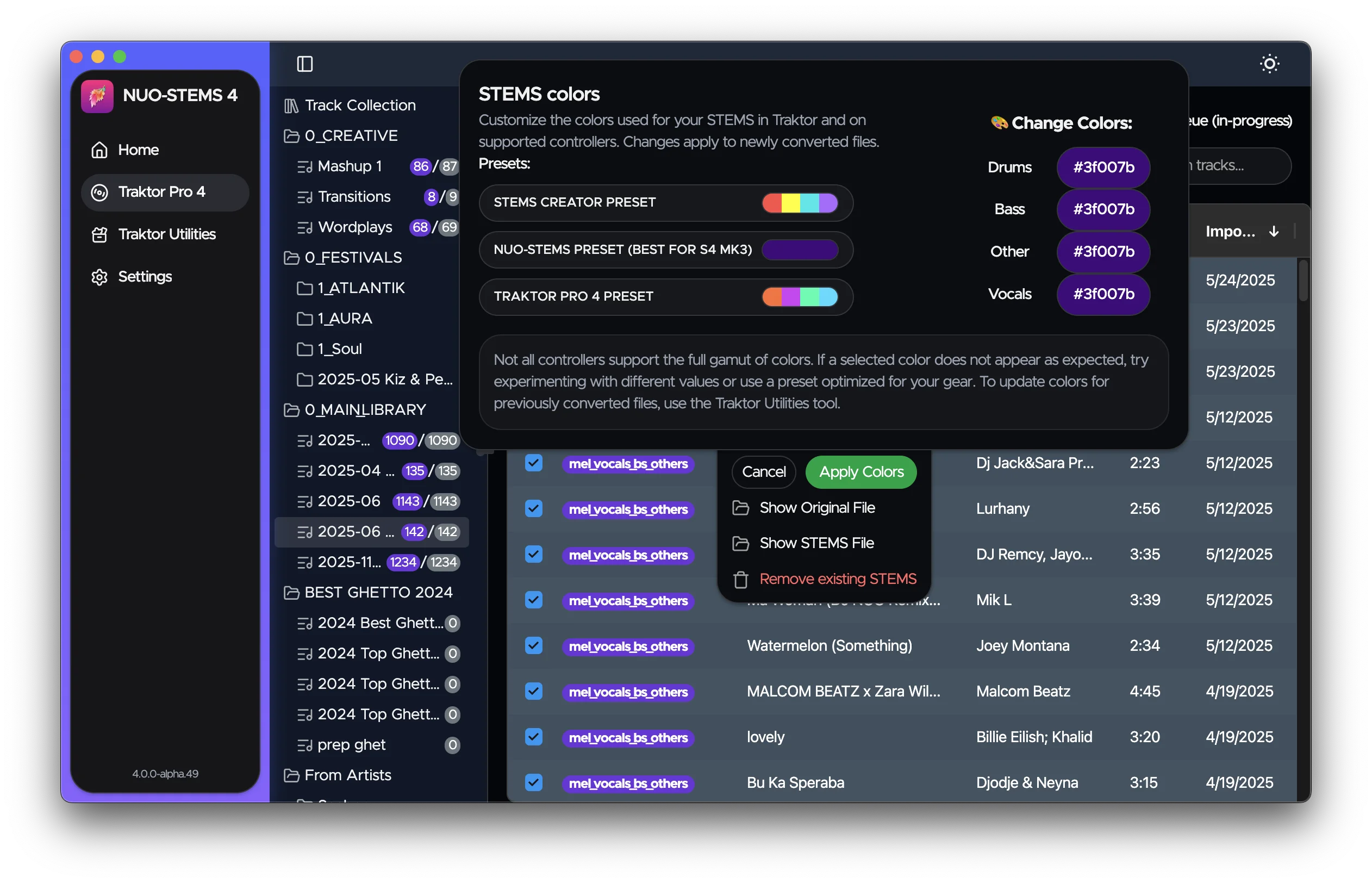 Change STEMS colors for previously converted files